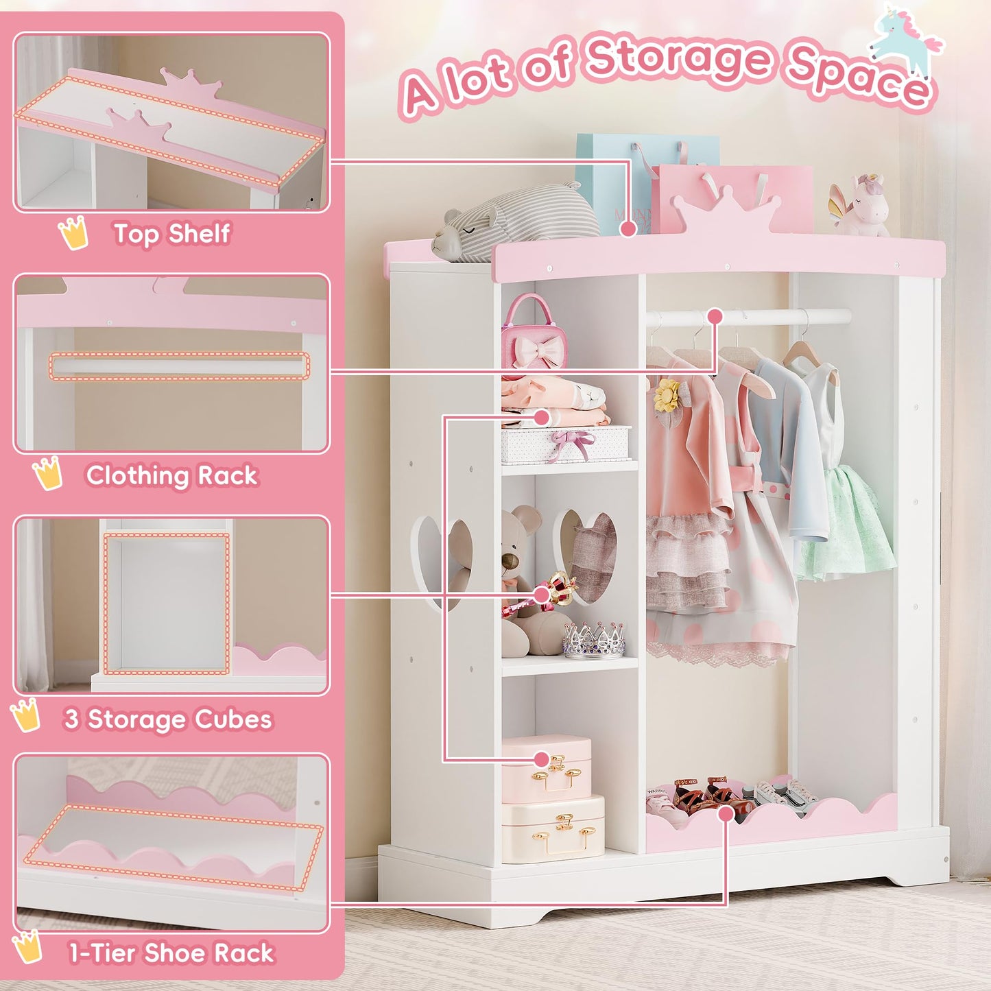 Xilingol Kids Armoire with Jewelry Cabinet, Dress up Storage with Mirror and Shelves, Princess Dress Closet and Costumes Wardrobe Closet, Costume Organizer for Bedroom, Kids Room, Girls (White)