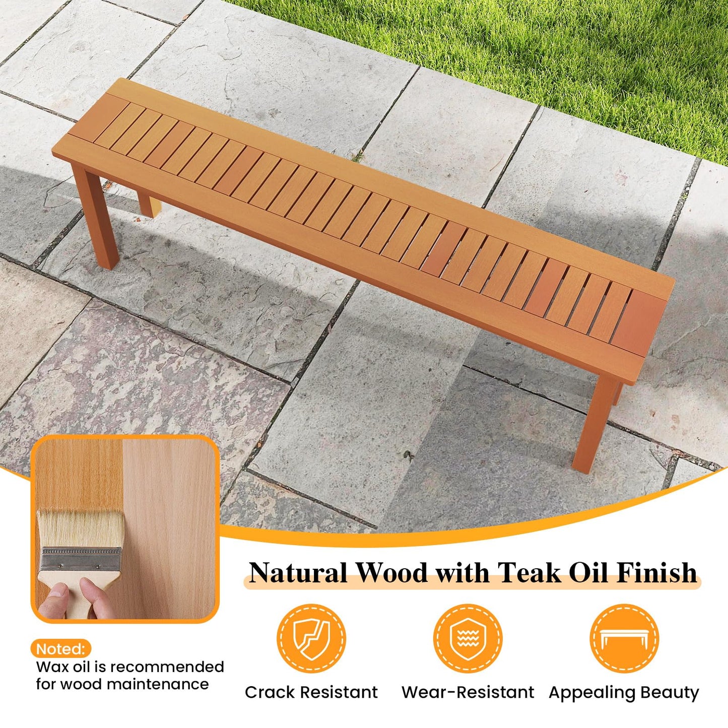 Tangkula Outdoor Wood Bench, 59” Long Patio Dining Bench Set of 2, Backless Wooden Bench with Teak Oil Finish & Slat Seat, Accent Entryway Bench, Farmhouse Bench for Yard, Garden, Porch, Indoors