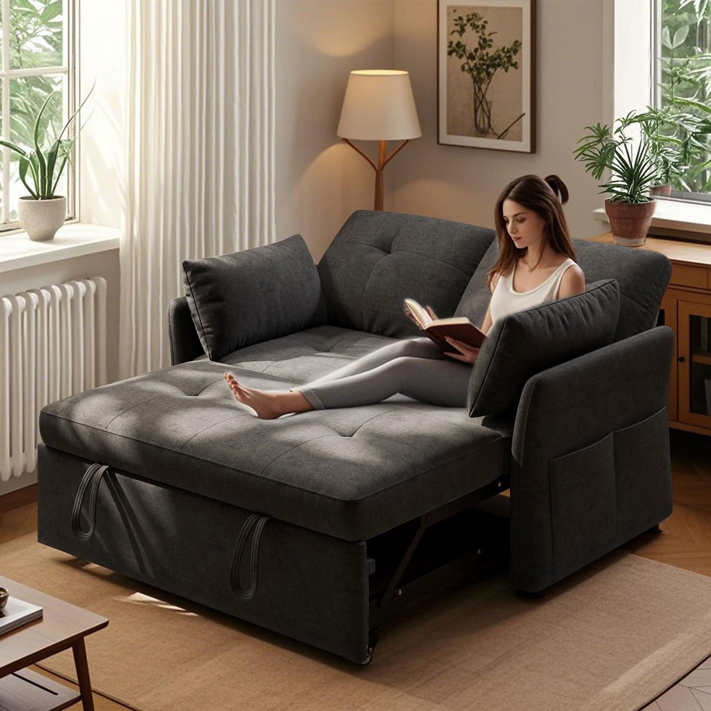 DEYGIA 3 in 1 Convertible Sleeper Sofa Bed, 53" Pull Out Couch with Adjustable Backrest,Storage Pockets and Toolless Assembly. Futon Couch for Living Room, Bedroom. (Black)