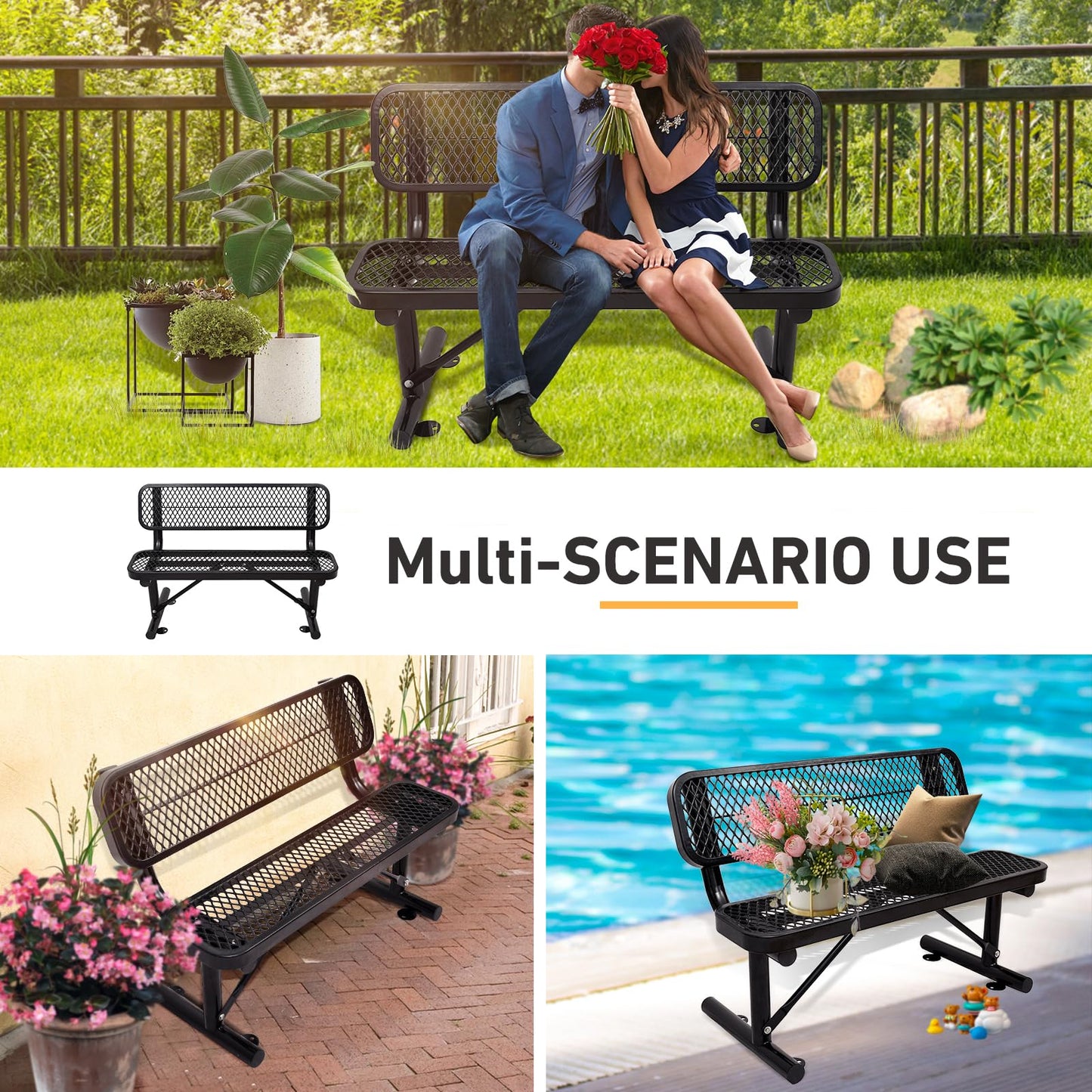 4FT Heavy Duty Park Bench with Back Portable Frame, Outdoor Metal Park Bench with Backrest, Steel Mesh Outdoor Bench for Garden, Lawn, Patio, Porch, Park, Yard (Black, 48" D x 23.2" W x 32.5" H)