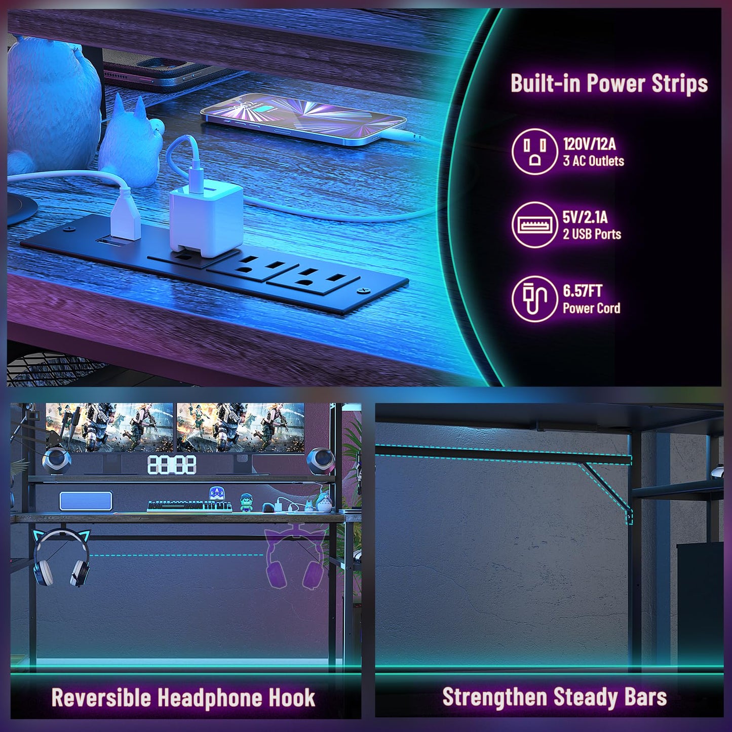 armocity L Shaped Gaming Desk with Hutch & Shelves, 47'' Gaming Computer Desk with LED Lights & Outlets, PC Gaming Desk with Storage & Monitor Stand, Grey Oak