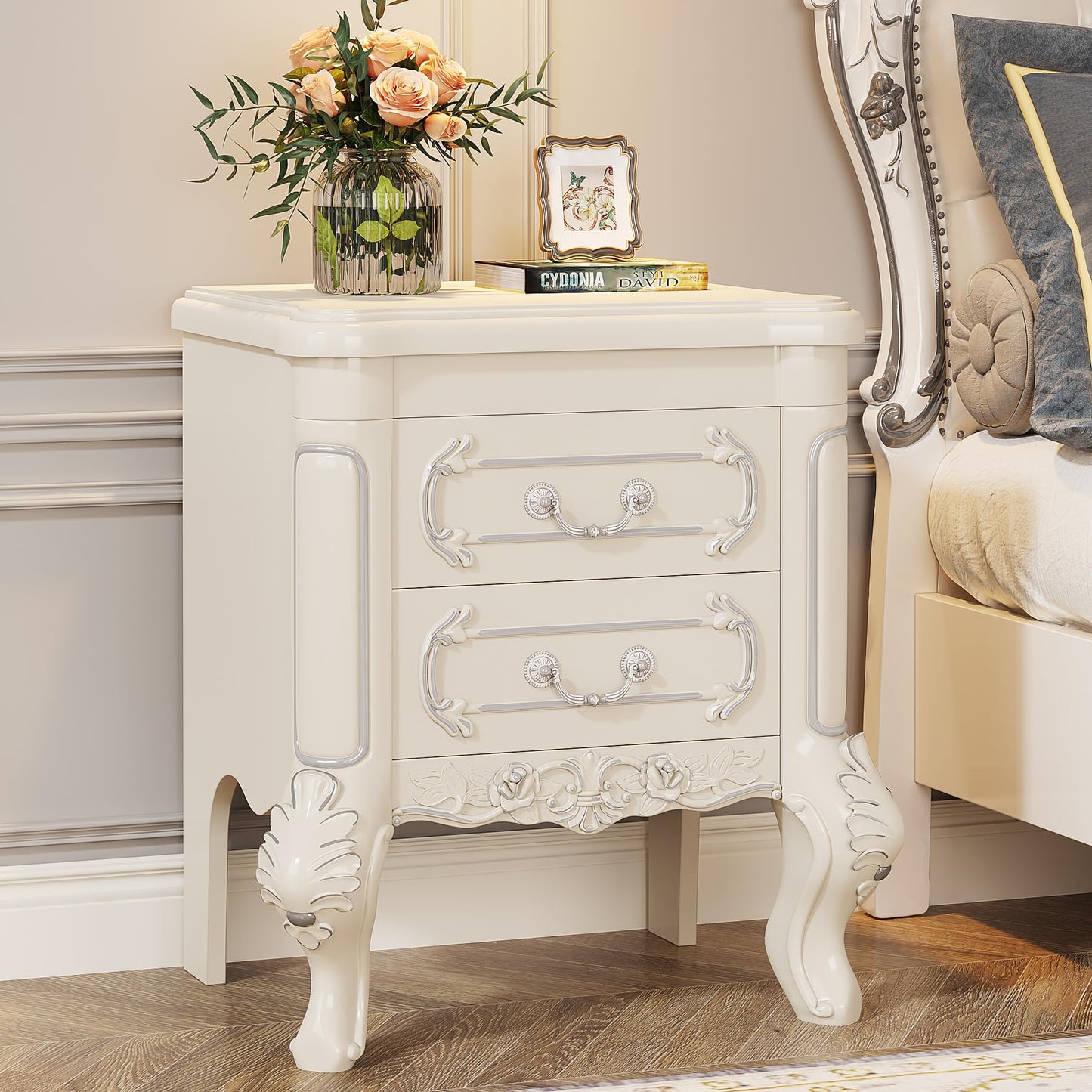 Tribesigns White Nightstand, End Table with 2 Drawers, Carved Bedside Tables, Side Table for Bedroom, Classic Bedroom Furniture, Night Stand White