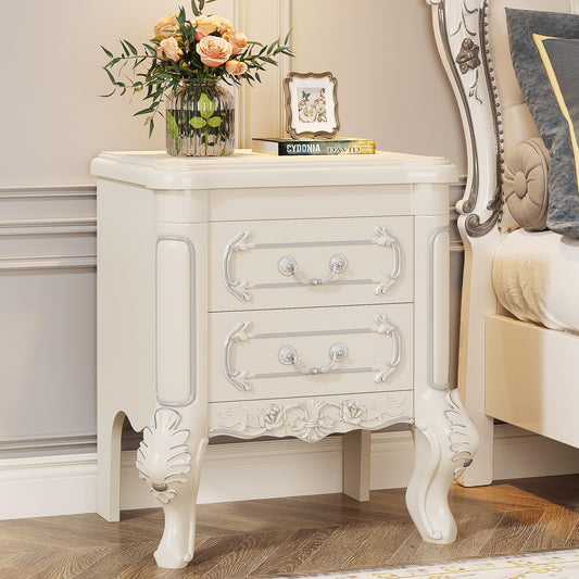 Tribesigns White Nightstand, End Table with 2 Drawers, Carved Bedside Tables, Side Table for Bedroom, Classic Bedroom Furniture, Night Stand White