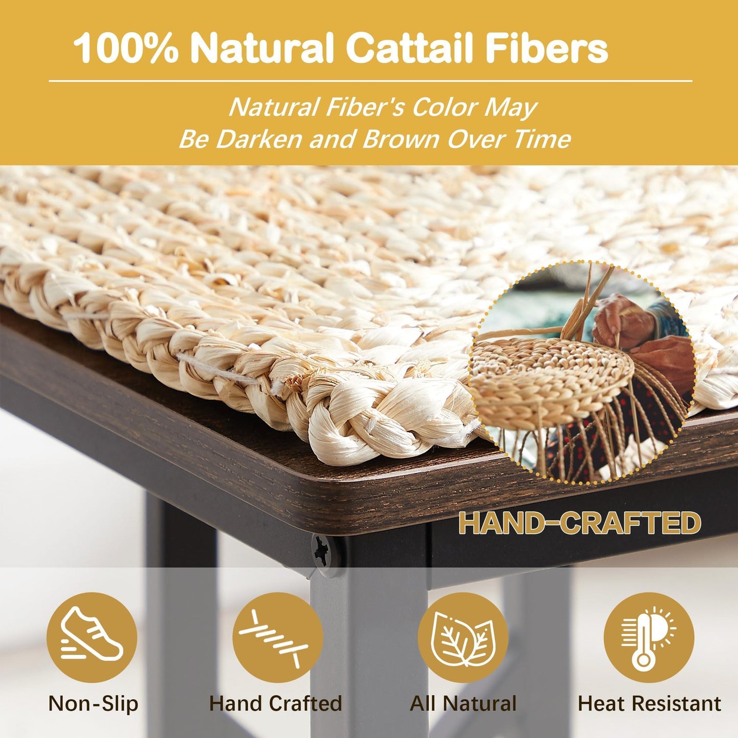 VECELO 43.3" Farmhouse Dining Table Sets, Kitchen Table for 4 with 3 Seats & Wicker Seat Cushions,Metal Frame Space-Saving Adjustable Feets Coffee Table for Home Kitchen Dining, Dark Brown