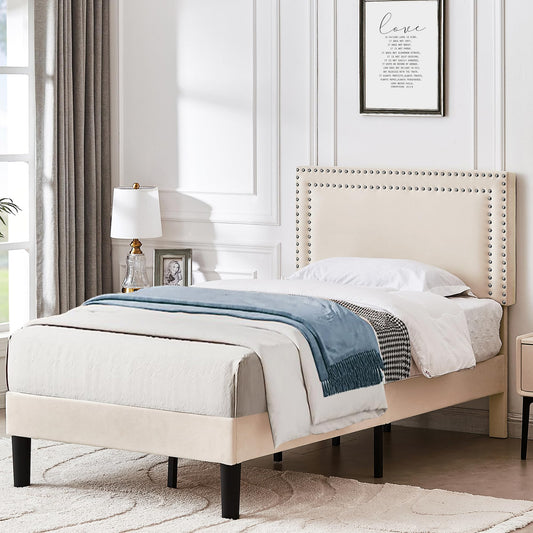 VECELO Twin Size Platform Bed Frame with Adjustable Upholstered Headboard, Nailhead Decor, Strong Wood Slat Support, No Box Spring Needed, Easy Assembly