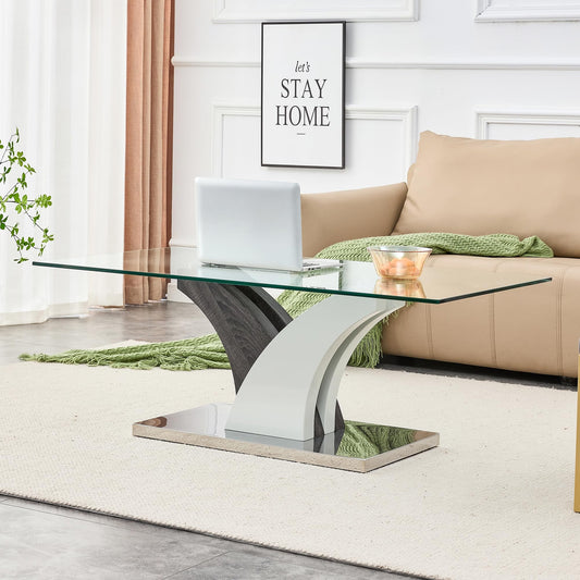 47'' Glass Coffee Table for Living Room,Rectangle Clear Center Table,Modern Glass Sofa Coffee Table with Tempered Glass Top and MDF Thickened Base