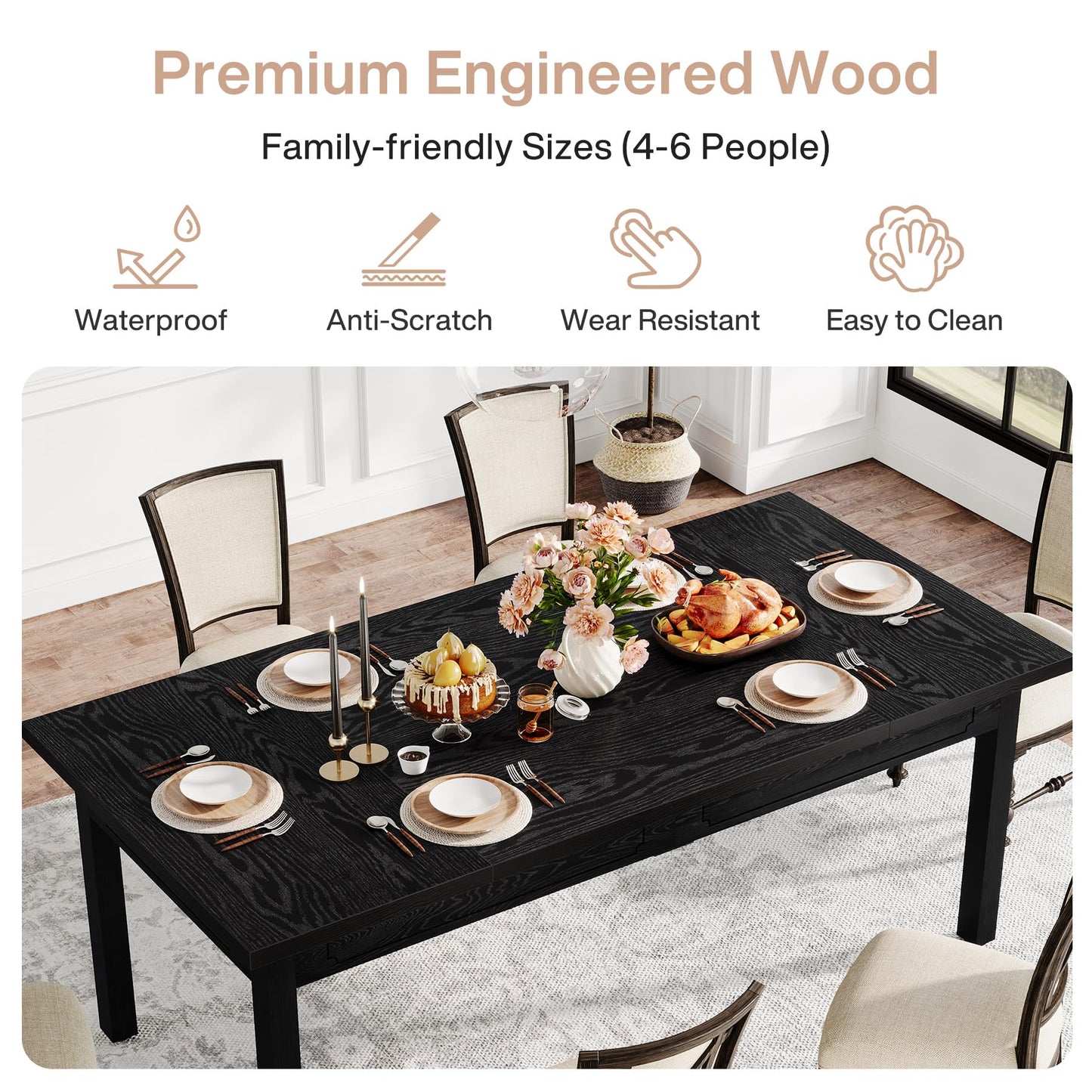 Tribesigns 63-inch Farmhouse Dining Table for 4-6, Rectangular Dining Room Table with Sturdy Legs, Modern Kitchen Dinner Table for Dining Room, Living Room, Kitchen (Black)