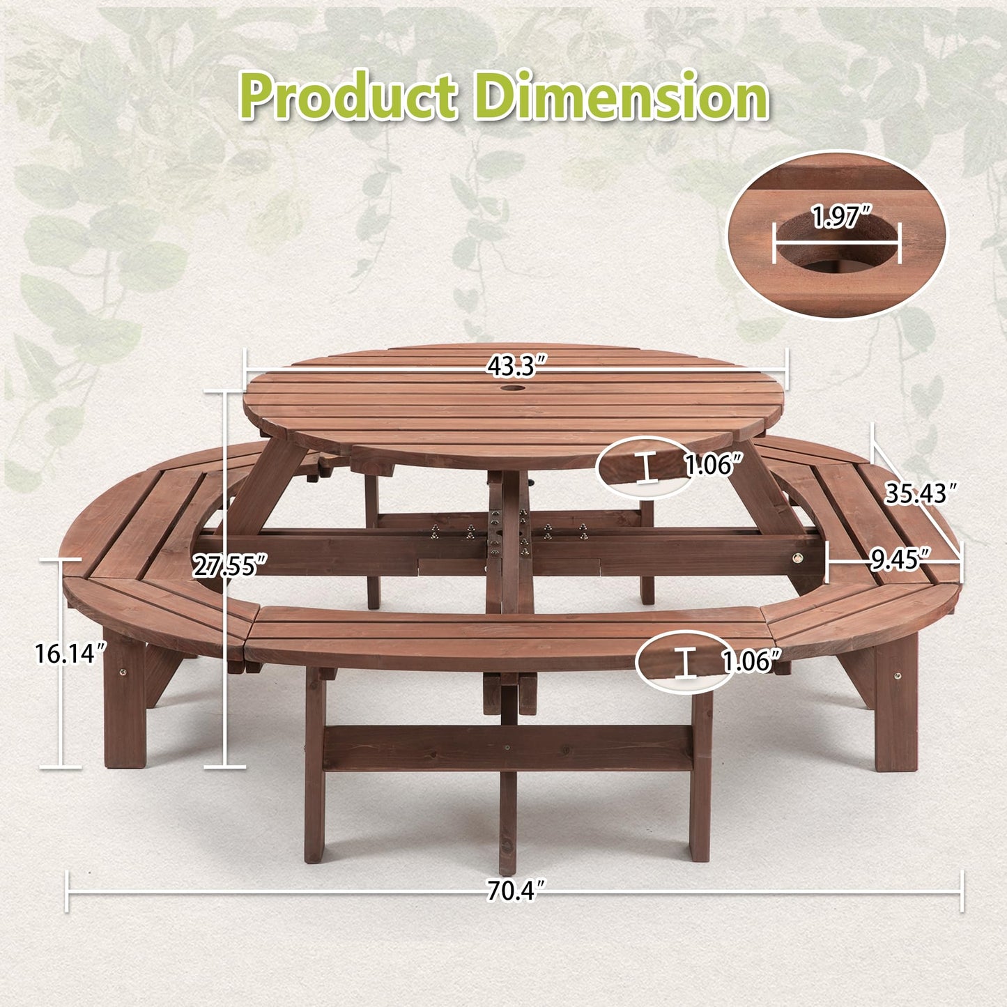 RocVanc 8-12 Person Outdoor Round Wooden Picnic Table with 8 Built-in Benches, Umbrella Hole, Lifetime Outside Table and Bench Set for Garden, Backyard, Porch, Patio and Deck
