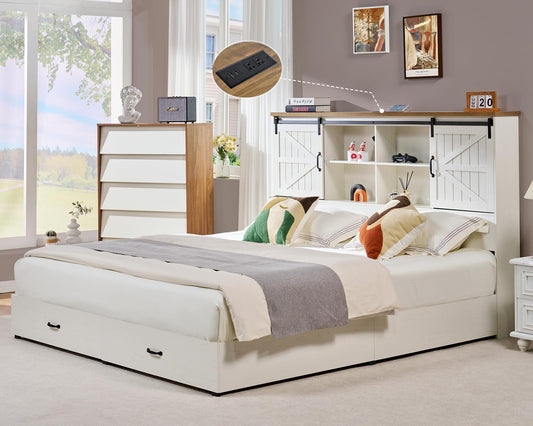 VanAcc Farmhouse King Bed Frame, Wooden Platform Storage Bed with 51.2" Bookcase Headboard, 2 Drawers, Charging Station/No Box Spring Needed/Noise Free, White
