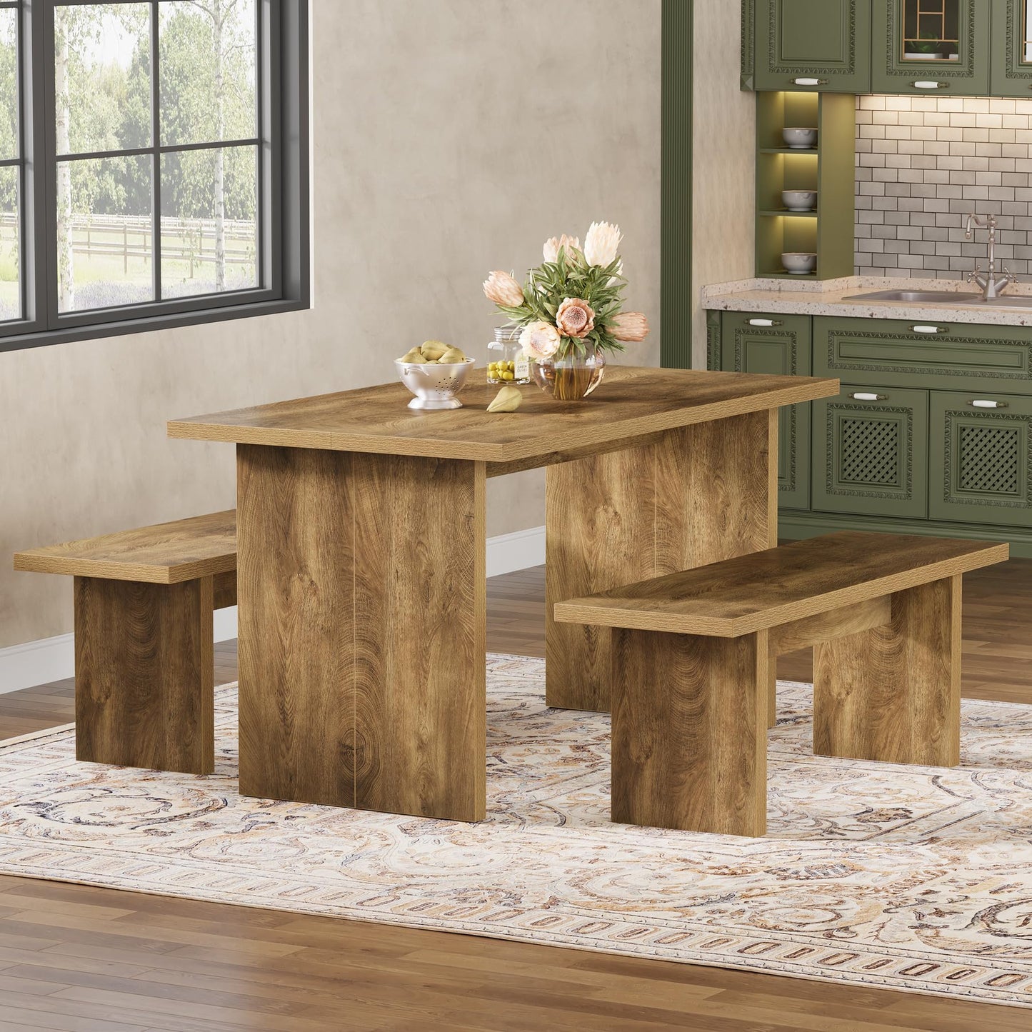 Tribesigns 3 Pieces Dining Table Set with 2 Benches, 55" Farmhouse Kitchen Table Set for 4-6, Rectangular Wooden Heavy Duty Dinette for Kitchen, Dining Room, Brown