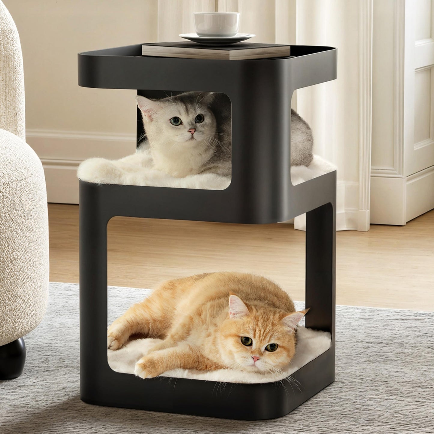 EUREKA ERGONOMIC Side Table Cat Beds, Metal Nightstand with Cat House, Square End Table with 3 Tier Storage, Modern Side Table Small End Beside Table for Living Room Bedroom Indoor, No Assembly, Black
