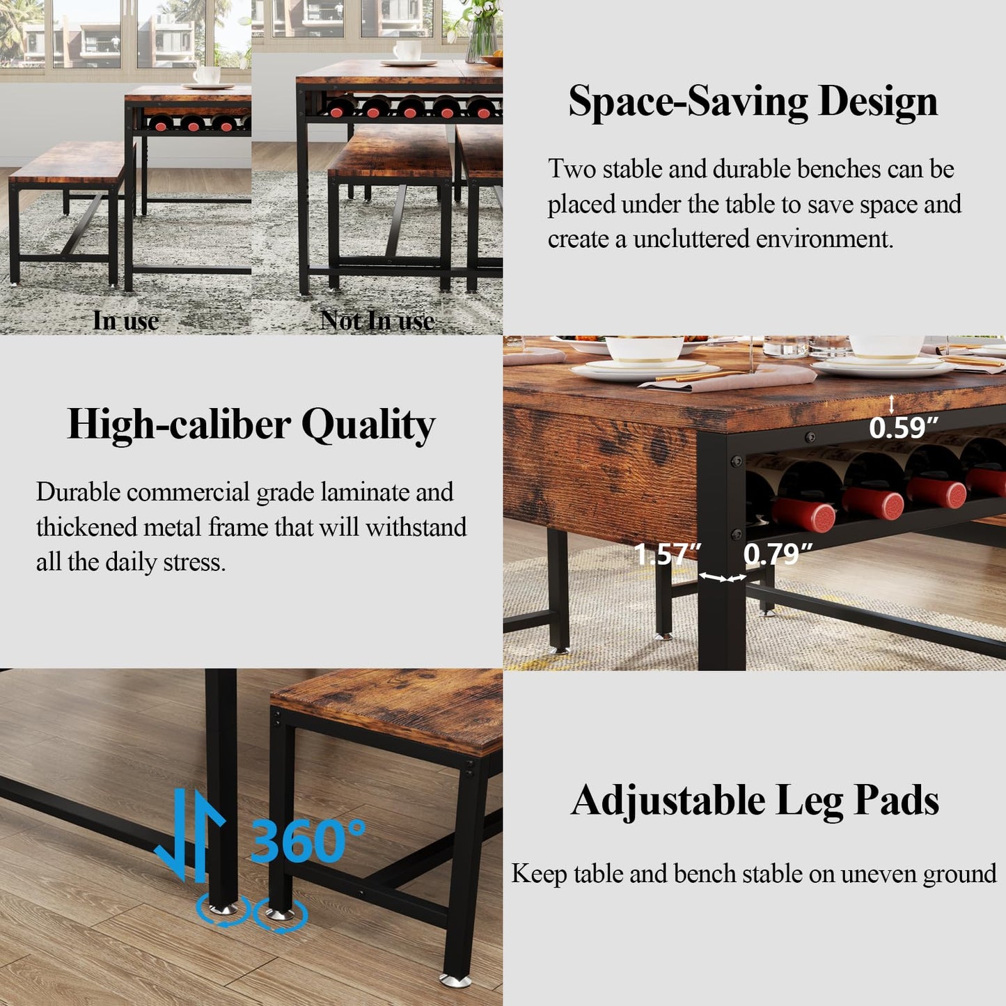 63" Kitchen and Dining Table Set for 6, 3-Piece Dining Room Table with 2 Long Benches, Kitchen Dinner Tables Set with Storage Drawer, Breakfast Nook Tables with Wine Rack, Space Saving Design (Rustic)