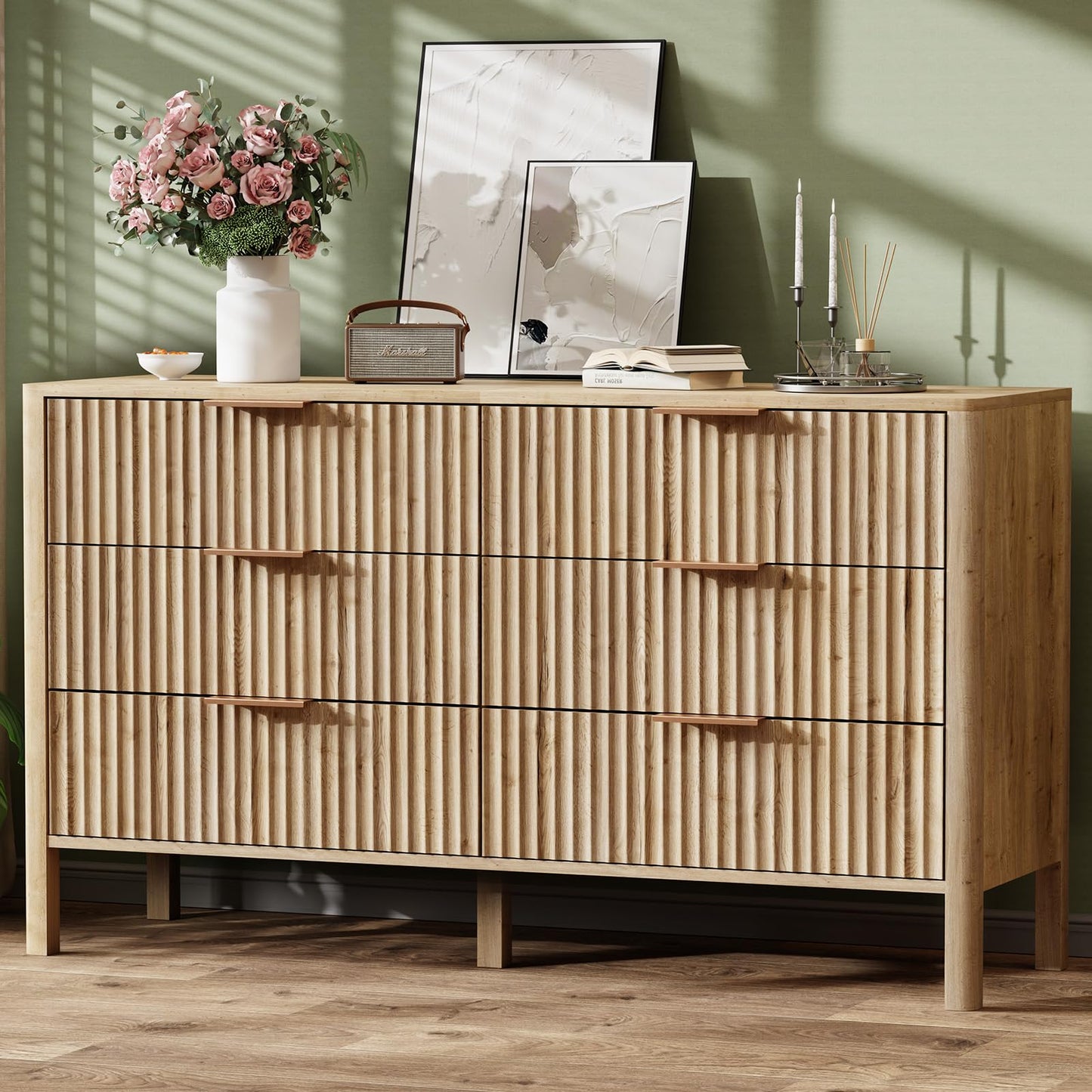 55" Wide Fluted 6 Drawer Dresser for Bedroom, Wooden Dresser Modern Chest of Drawers TV Stand Dressers with Organizer Storage for Bedroom, Living Room, Entryway, Oak