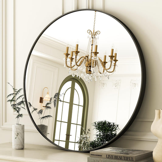 24 Inch Round Bathroom Mirror - Black Wall Mounted Circle Mirror with Metal Frame, Modern Round Hanging Mirror Suitable for Bathroom, Vanity, Entryway, Living Room