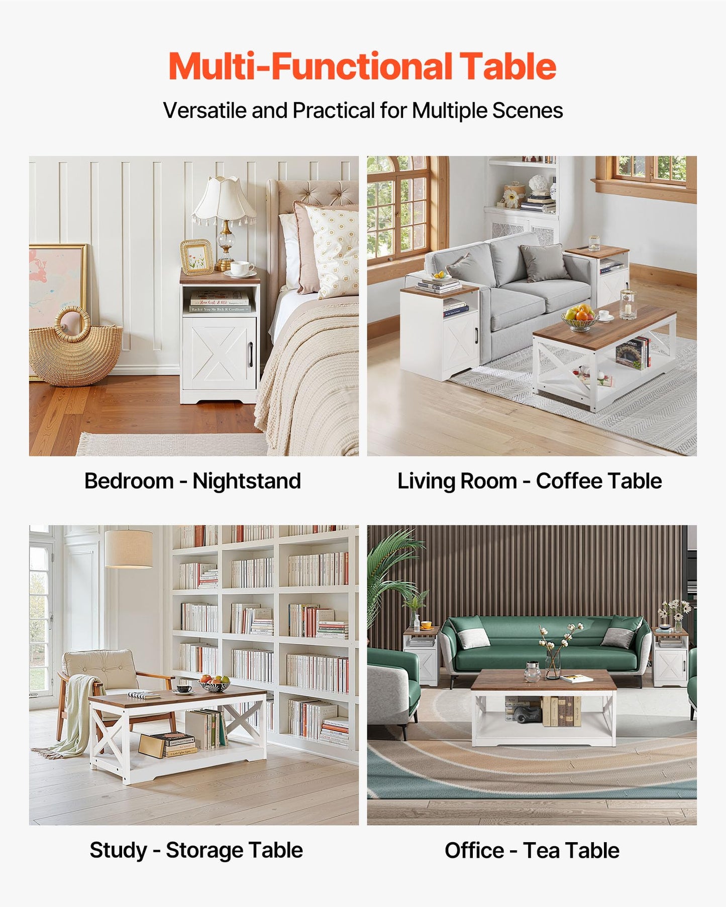 VEVOR 3 Pieces Farmhouse Coffee Table Sets, 40 Inch Industrial Coffee Table with 2 End Tables, Easy Assembly Coffee and Side Tables Sets with Charging Station, for Office, Living Room & Apartment