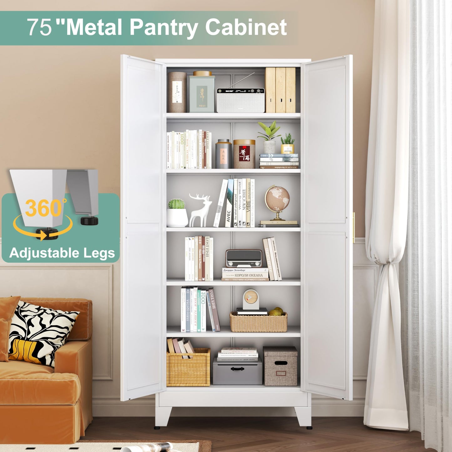 Metal Pantry Cabinet with 2 Doors and 5 Adjustable Shelves, 75" Kitchen Storage cabinets with Gold Handles, Versatile Storage for Laundry Room, Living Room, Bathroom, Dinning Room, Utility Room-White