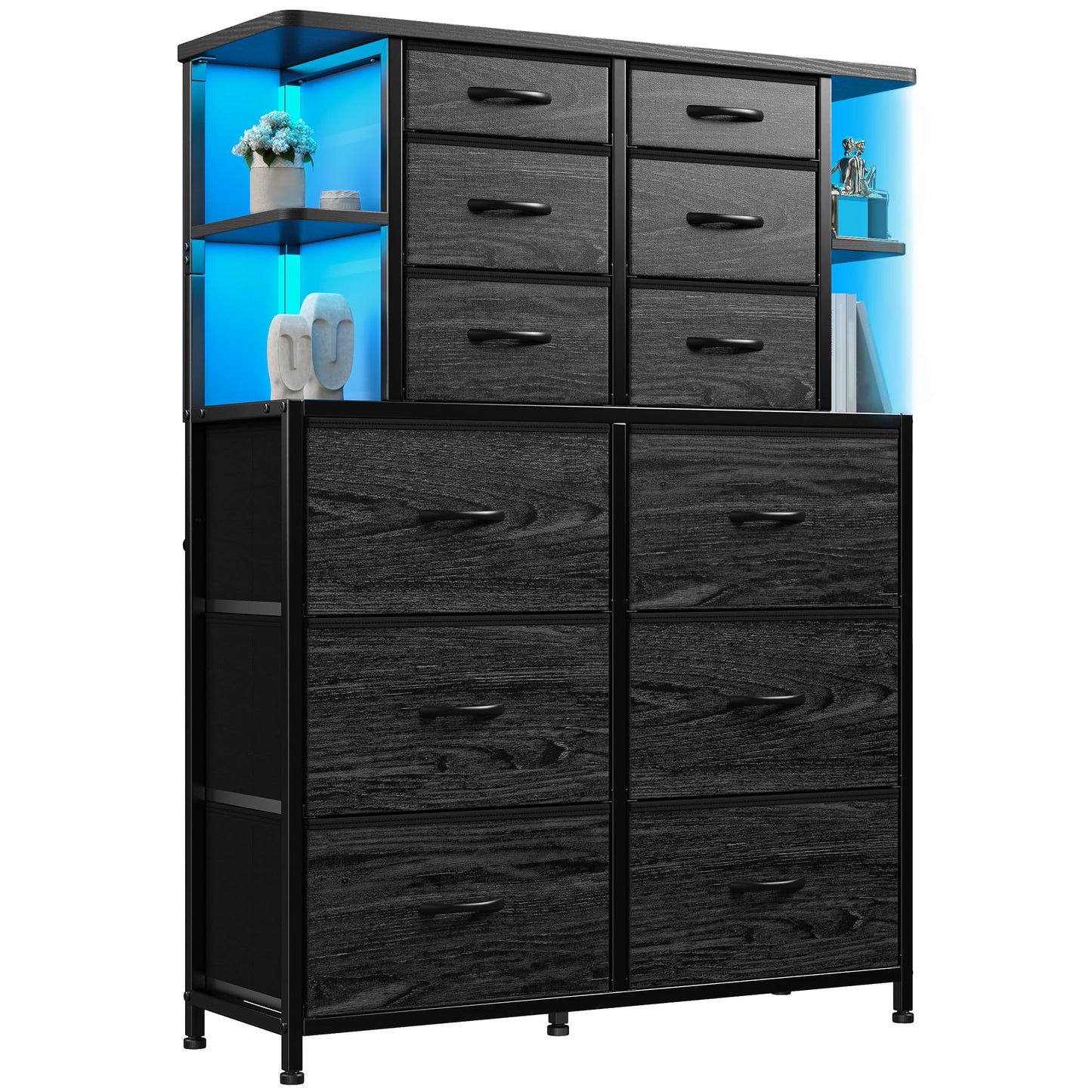 EnHomee Tall Dressers for Bedroom with LED Lights and 12 Drawers Dresser for Bedroom with Open Shelves, Fabric Dressers & Chests of Drawers, Metal Frame, Black, 45.2" H x 35.4" W x 11.8" D