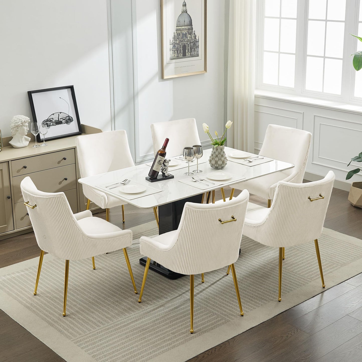 WUTUTUEE Velvet Dining Chairs Set of 2 Gold Legs,Upholstered Velvet Accent Chairs, Pleated Back Design & Gold Pull Handle, Mid Century Modern Chairs for Dining/Kitchen/Living Room,Beige