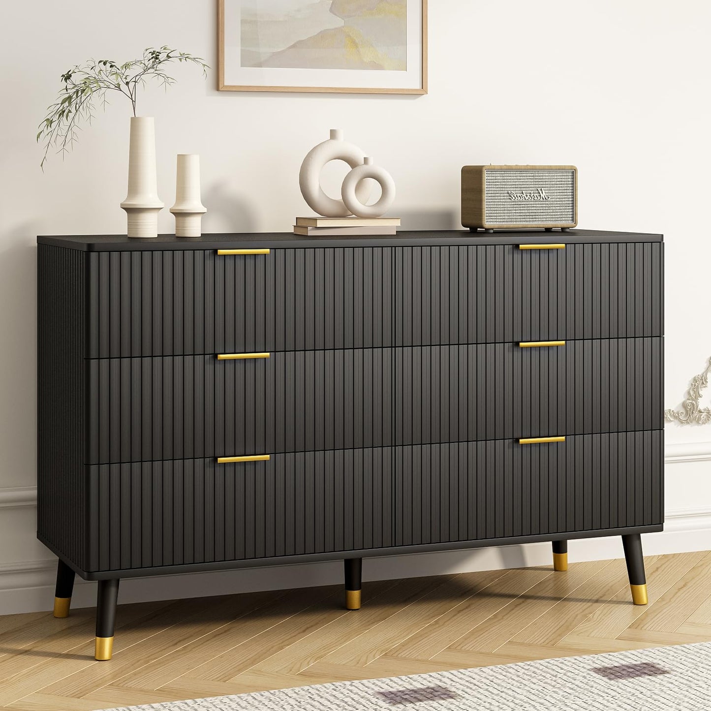Tradare Black Dresser, Fluted 6 Drawer Dresser for Bedroom, Wooden Modern Chest of Drawers with Gold Metal Handles, Black