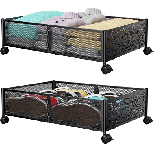 Under Bed Storage Containers with Wheels, Under Bed Shoe Storage Organizer Drawer, Tool-free Assembly Metal Storage Containers for Bedroom Clothes Shoes Blankets -2PCK