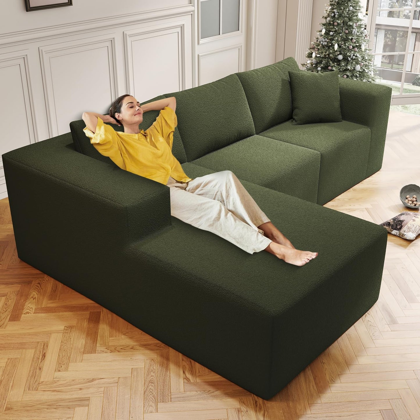 108" Cloud Sectional Couch with L-Shape Chaise,4 Seat Modern Modular Sofa with Deep Seat, Upholstered Couches for Living Room Bedroom, Sectional boneless couch with pillows,No Assembly Required(Green)