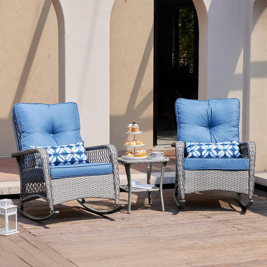 UDPATIO 3 Piece Patio Rocking Chair Set, Wicker Rocking Bistro Set with 2 Rockers and 1 Side Table with 4‘’ Thick Cushions for Backyard, Porch, Balcony, Poolside, Grey/Blue
