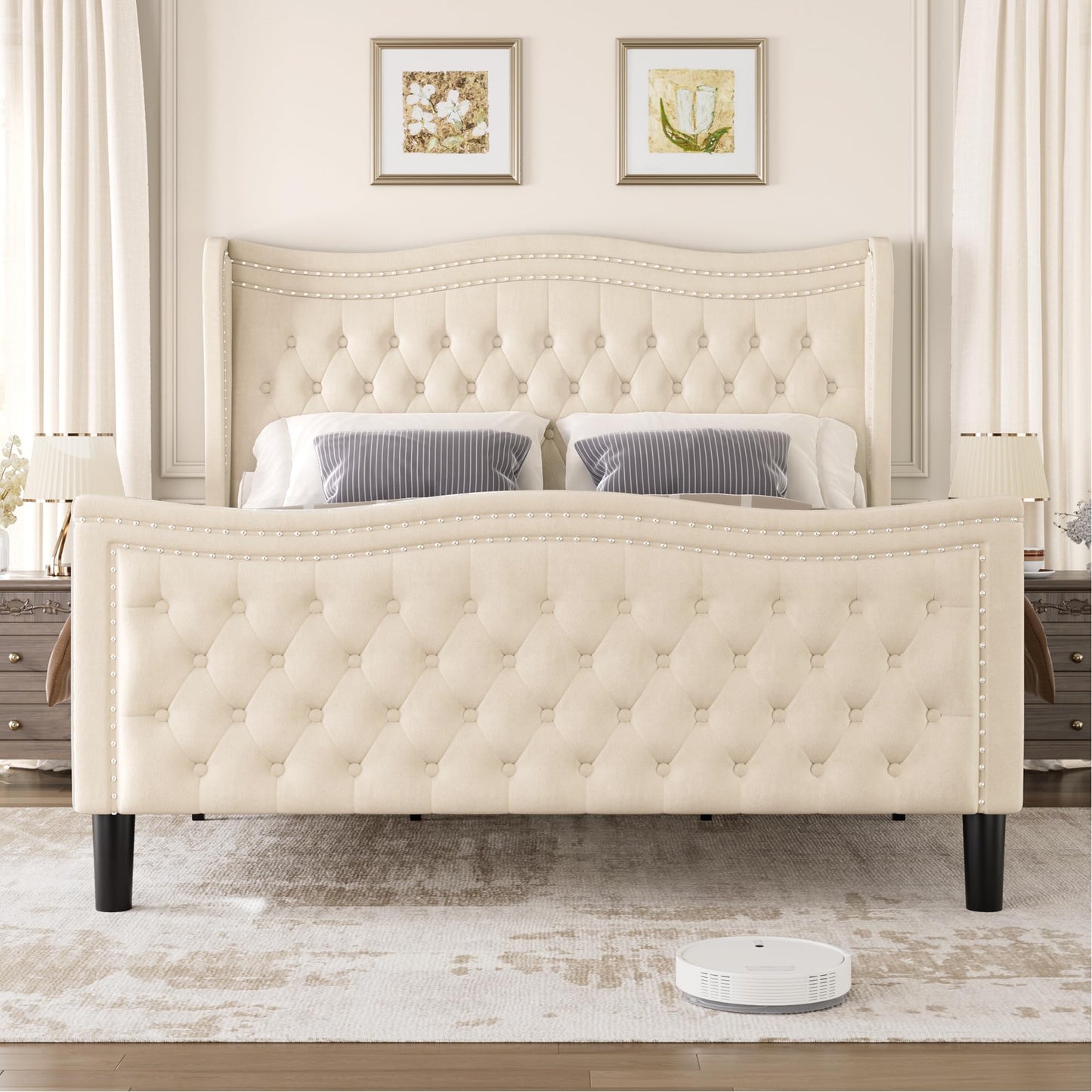VINTLJUS Queen Bed Frame with Tall Headboard & Footboard, Velvet Upholstered Platform Bed Frame with Deep Button Tufted Wingback, No Box Spring Needed, Noise Free, Beige