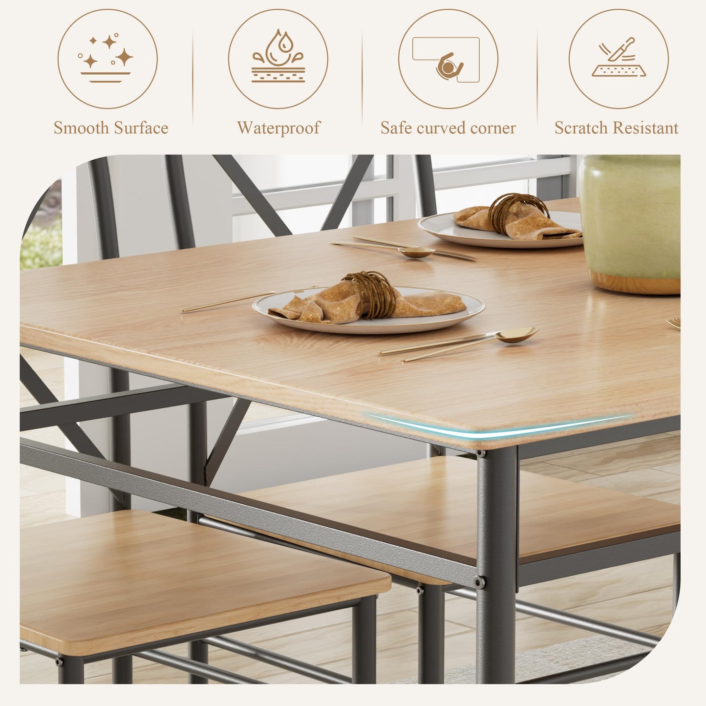 VECELO 5-Piece Kitchen Dining Table Set, Wood Tabletop & Heavy-Duty Metel Frame, Rectangle Dinette with 4 Chairs for Small Space, Breakfast Nook, Natural & Black