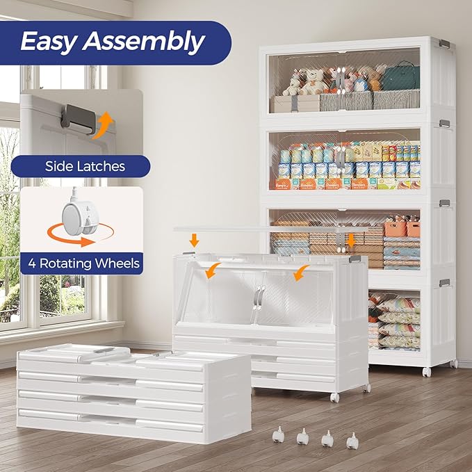 90GAL Plastic Storage Bins with Lid, 360QT Extra Large Stackable Closet Organizers and Storage, Collapsible Storage Boxes with Wheels, Folding Cabinet for Home Kitchen Office, 3Pack White