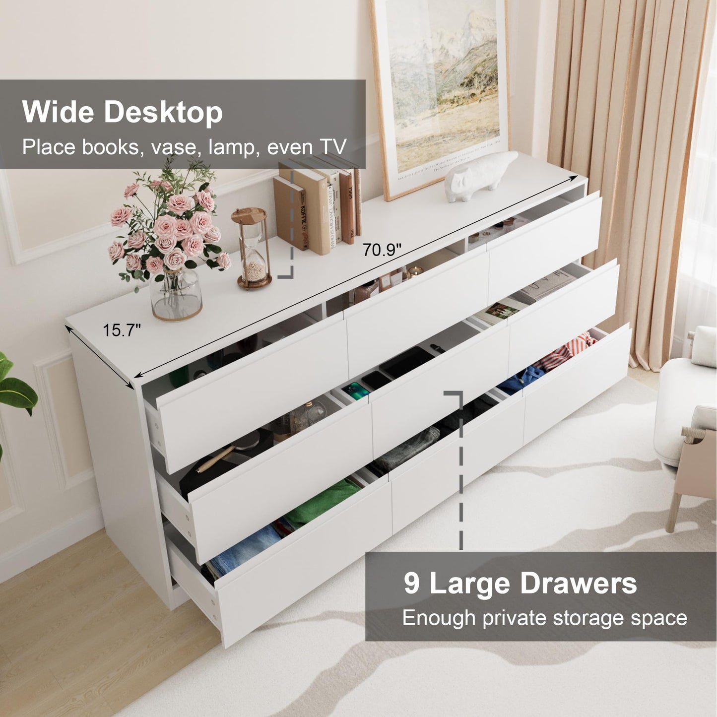 70.9” Dresser for Bedroom with 9 Drawers, Large Modern Chest of Drawers with Deep Drawers, Wide Double Dresser Handle Free, Storage Organizer for Bedroom, Living Room, Hallway (White)
