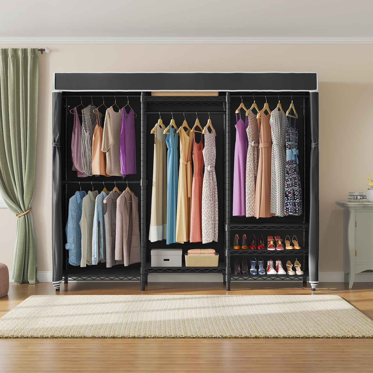 VIPEK V5C Heavy Duty Covered Clothes Rack Portable Bedroom Armoires Rack, Black Metal Clothing Rack with Black Cover, Adjustable Custom Freestanding Closet Wardrobe, Max Load 800LBS