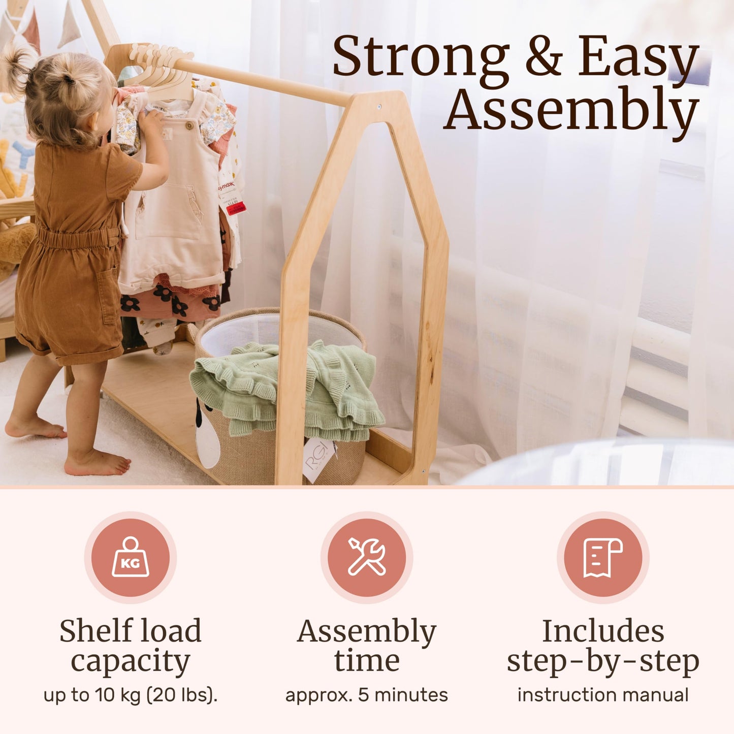 WOOD&ROOM Montessori Kids Clothing Rack with Shelf - Wooden Toddler Dress Up Clothes Rack - Kids Clothing Storage, Childrens Wardrobe Closet, Dressup Storage Organizer, Mini Closet For Kids Room