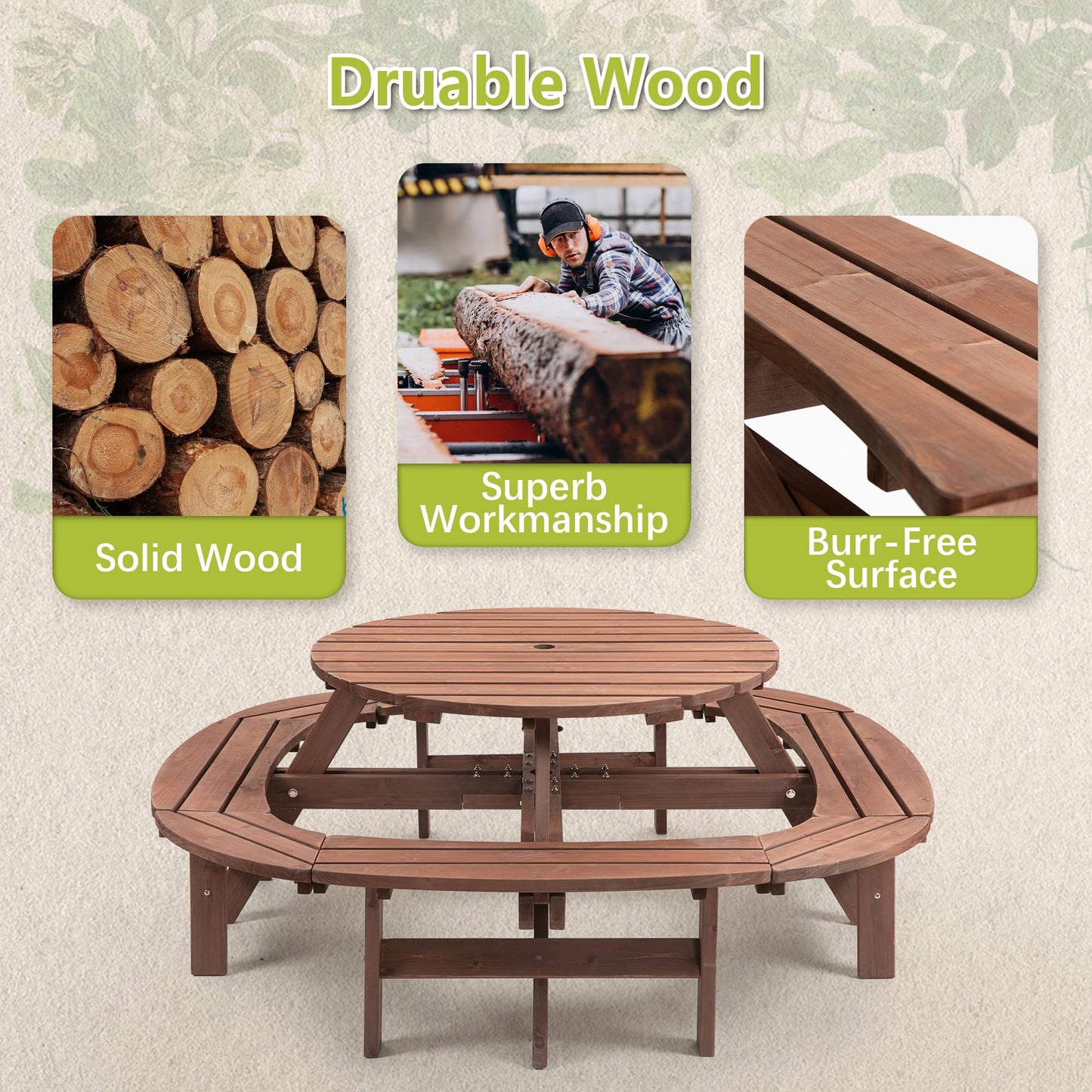 RocVanc 8-12 Person Outdoor Round Wooden Picnic Table with 8 Built-in Benches, Umbrella Hole, Lifetime Outside Table and Bench Set for Garden, Backyard, Porch, Patio and Deck