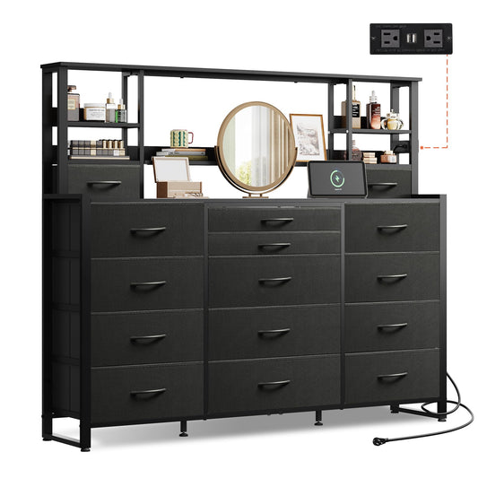 WLIVE 55" W Dresser for Bedroom with 15 Fabric Drawers & 5 Storage Shelves, Tall Black Dresser with Charging Station, Makeup Vanity Desk, Dressing Table, Chest of Drawers for Closet, Living Room