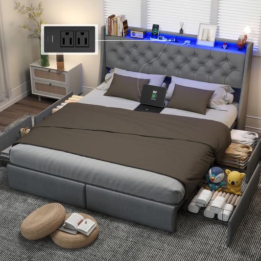 UINTAI Full Size Bed Frame with 4 Storage Drawers and LED Lights, Upholstered Platform Full Bed with Button Tufted Headboard and Charging Station, No Box Spring Needed, Easy Assembly, Gray
