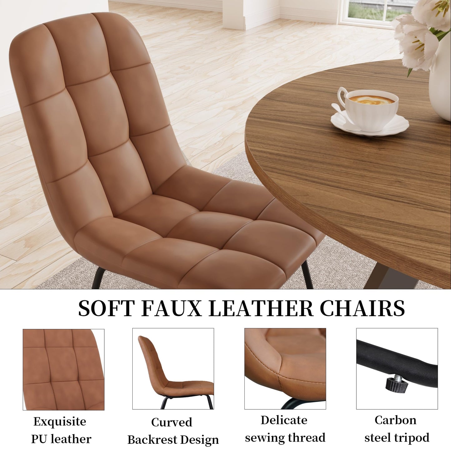 Zerifevni 34.6'' Round Dining Table and Chairs for 4 Space Saving for Apartment Kitchen Dining Room (Walnut Table+4 U-Shaped Brown Chairs)