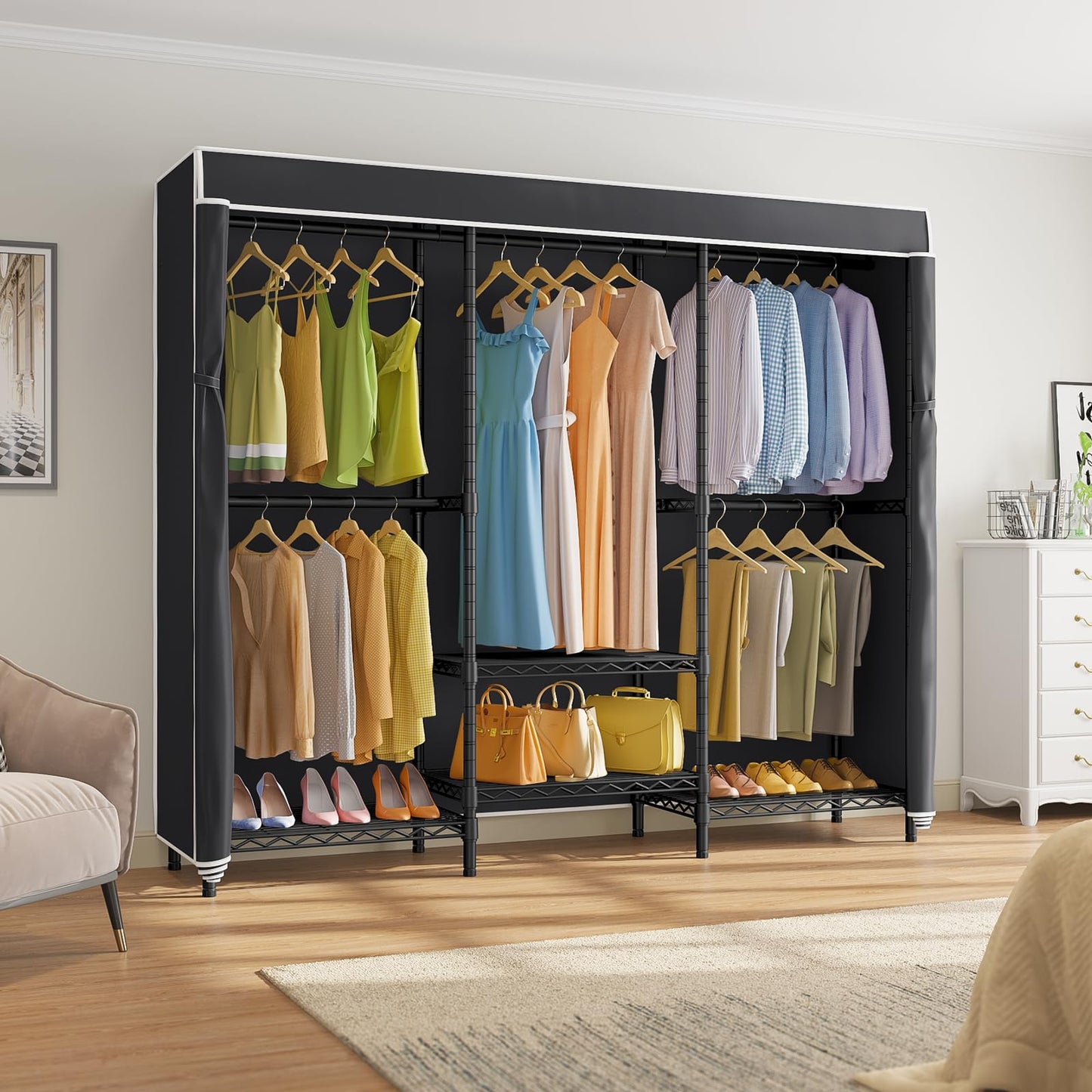 VIPEK V5C SE Garment Rack Wardrobe Closet, Heavy Duty Clothes Rack with Adjustable Shelves and Black Cover, Black Metal Closet Racks Clothing Storage Organizer for Bedroom, 70.1" Lx17.3 Wx76.4 H