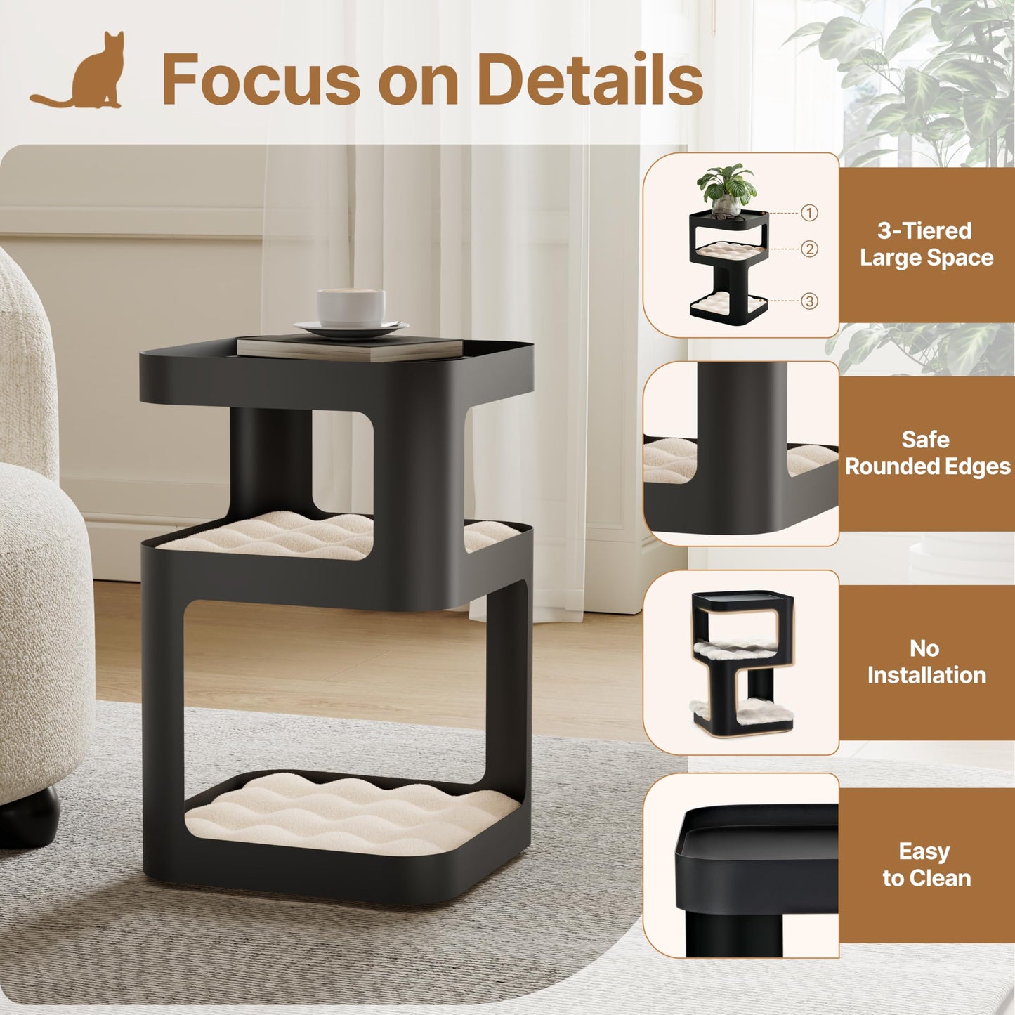 EUREKA ERGONOMIC Side Table Cat Beds, Metal Nightstand with Cat House, Square End Table with 3 Tier Storage, Modern Side Table Small End Beside Table for Living Room Bedroom Indoor, No Assembly, Black