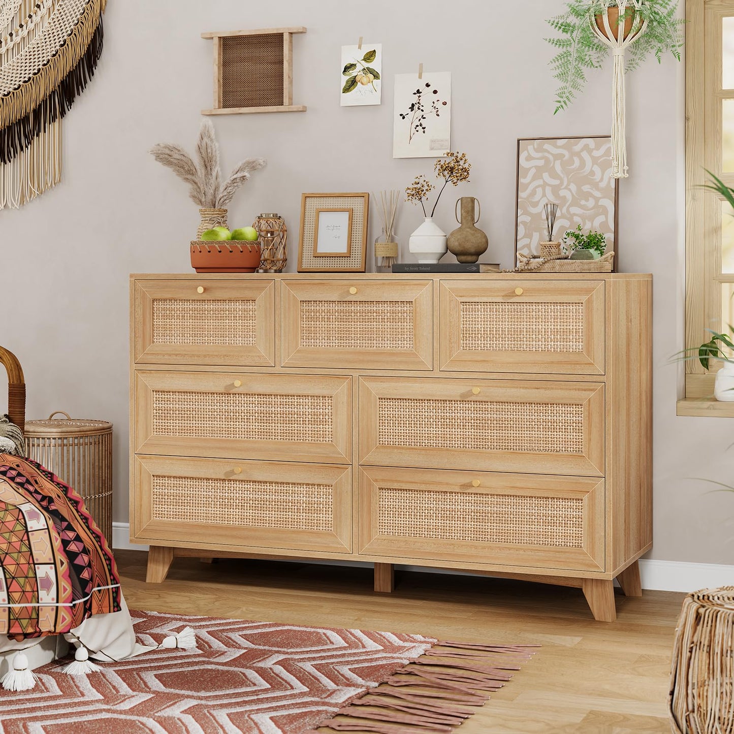VIAGDO Rattan Dresser for Bedroom, 7 Drawer Dresser with Natural Rattan Drawers, Wooden Wide Cabinet with Gold Handles, Modern Closet Storage Chest of Drawers for Nursery Entryway Living Room