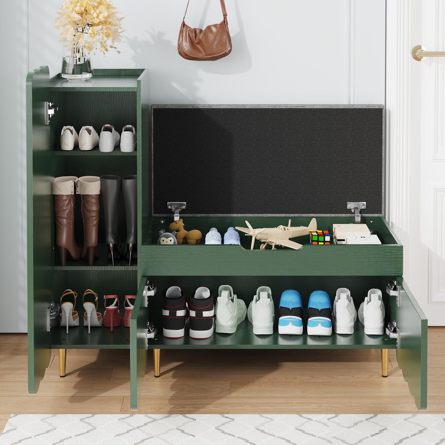 3More Shoe Organizer Cabinet，Entryway Bench with Adjustable Shelves and Cushioned Seat，Unique L-Shaped Bench Cabinet for Entryway, Hallway, Living Room