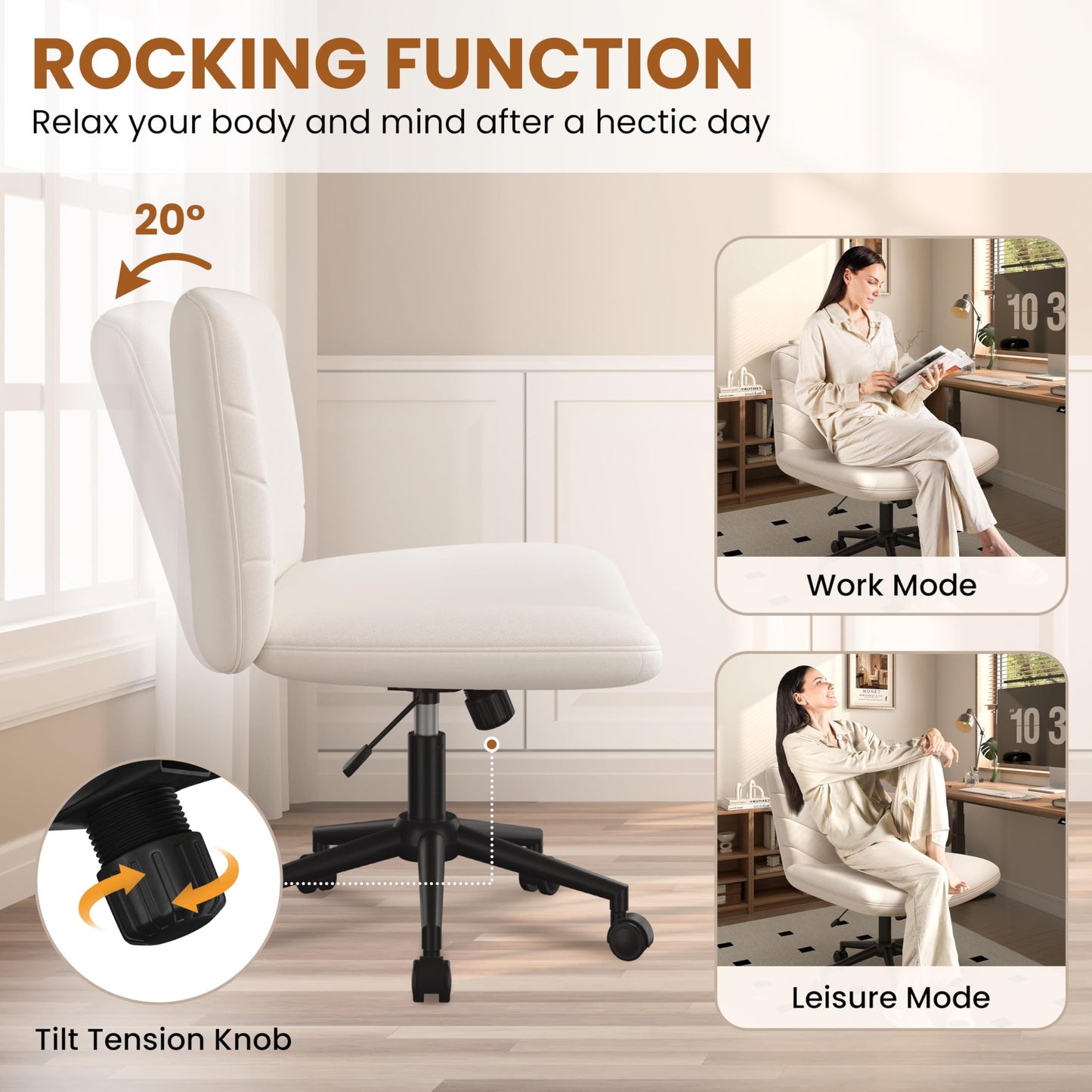 Yaheetech Wide Criss Cross Chair with Wheels, Comfy Armless Cross Legged Office Desk Chairs, Swivel Vanity Chair Computer Chairs for Home Office, Beige