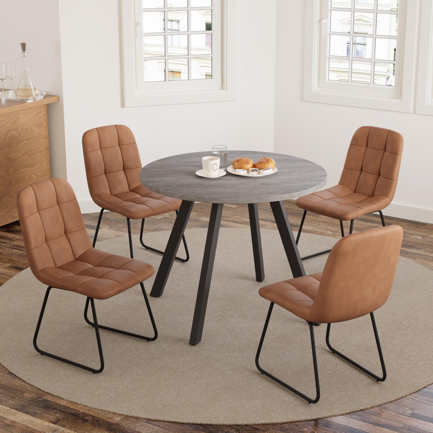 Zerifevni 34.6'' Dining Table and Chairs for 4, Mid Century Modern Round Table Set, Space Saving for Apartment Kitchen Dining Room (Grey Table+4 U-Shaped Brown Chairs)