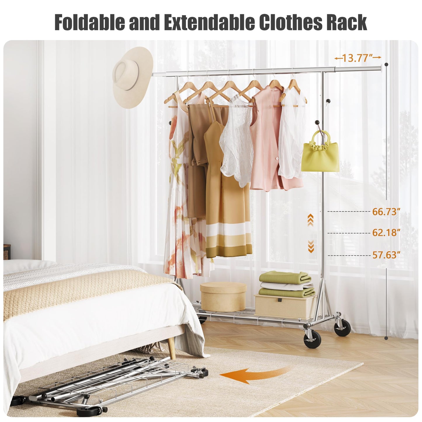 Gewudraw Heavy Duty Clothes Rack Load 530 LBS Metal Clothing Garment Rack Hang 200 pieces of clothing on Wheels Collapsible Rolling Portable & Adjustable with Hook for Hanging Clothes