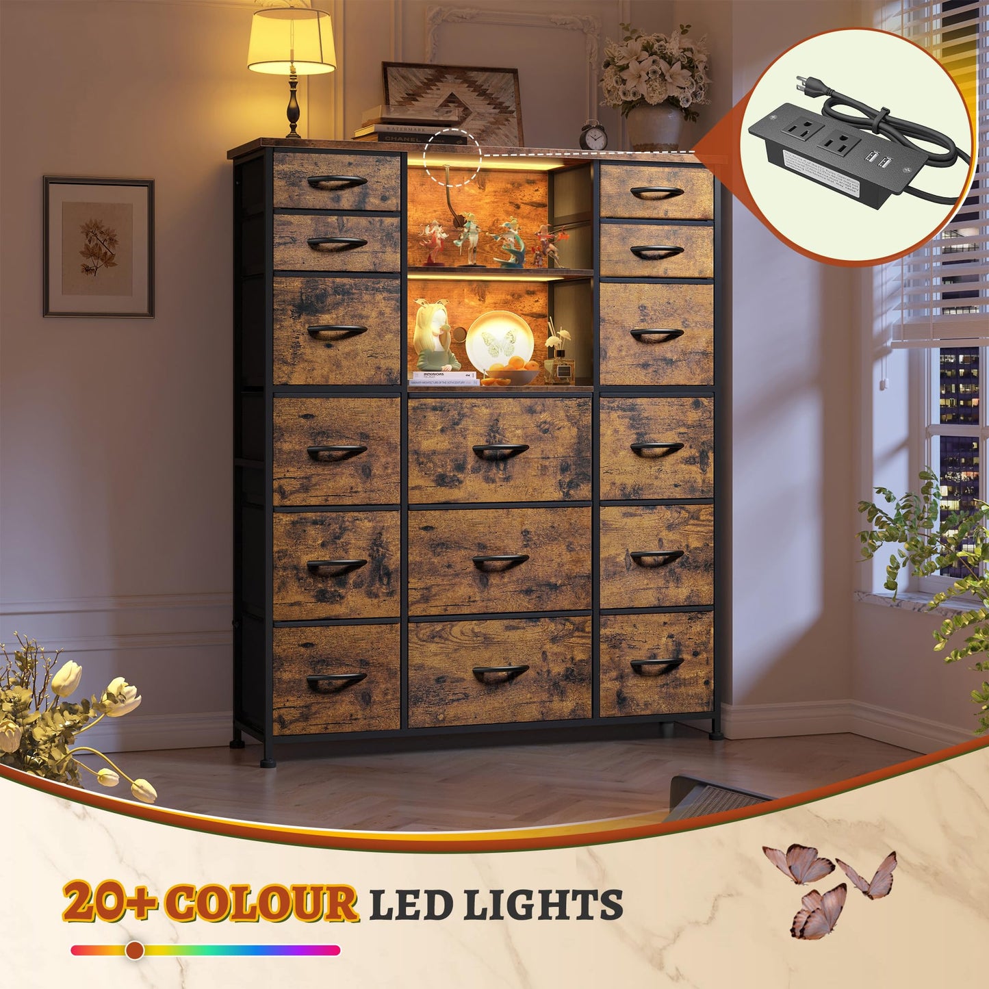 51"H Tall Dresser with 15 Drawers Dresser for Bedroom with Charging Station & LED Lights & Hutch Sturdy Fabric Bedroom Dressers, Steel Frame, Wood Top, Rustic Brown, 51.2"H x 39.3"W x 11.8"D