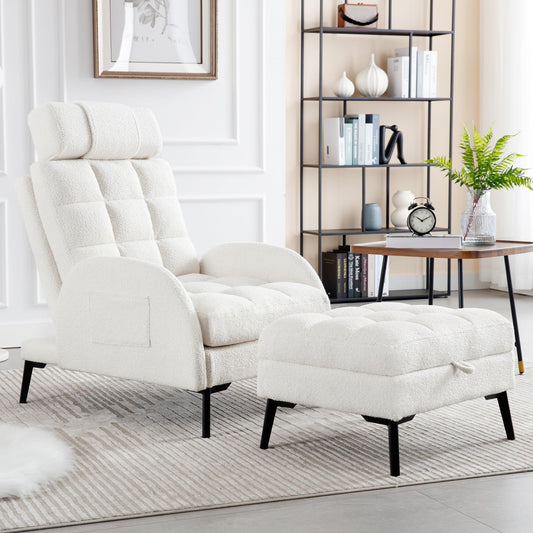 YUUIJOAA Accent Chair with Ottoman - Reading Chair and Storage Ottoman Set Comfy Velvet Lounge Arm Chair with Adjustable Backrest Cozy Reclining Sofa for Living Room Bedroom White
