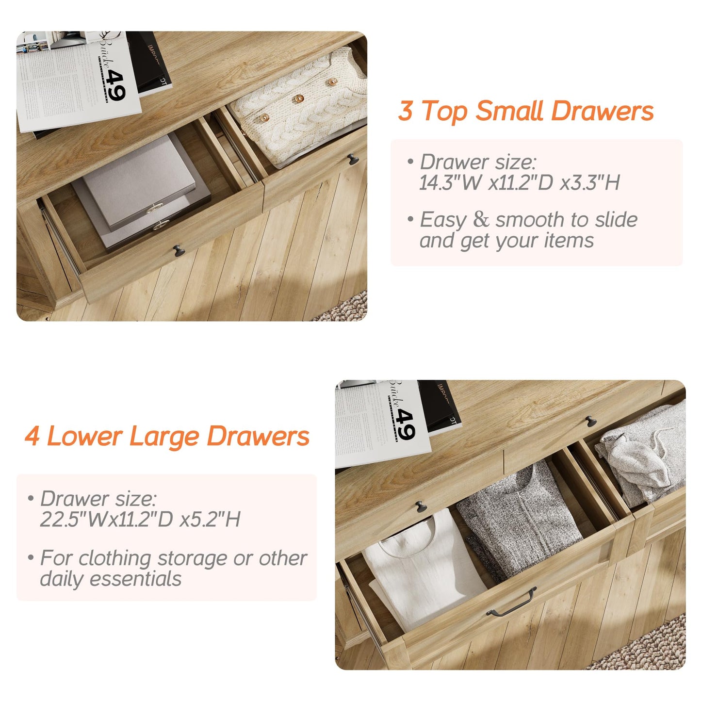 WAMPAT Wide Kids Dresser with 7 Drawers for Bedroom, Farmhouse Baby Dresser for Nursery & Kids Room, Wooden Chests & Dressers Closet Organizer for Children's Bedroom, 54 Inch, Oak