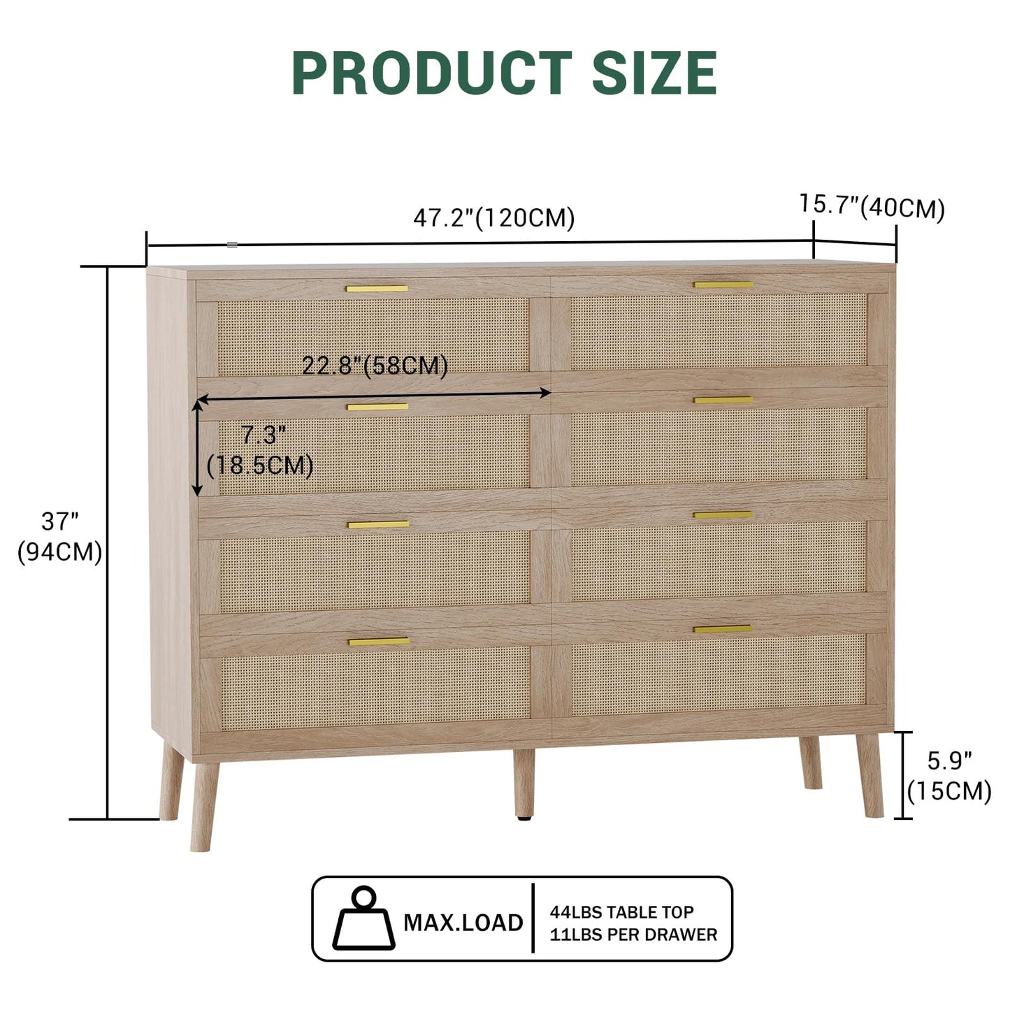 8 Drawer Rattan Dresser,47.2" x 15.7" x 37" Modern Chest of Drawers Beside Table,Mid Century Modern Dresser for Closet with Handles for Bedroom, Living Room,Hallway, Entryway