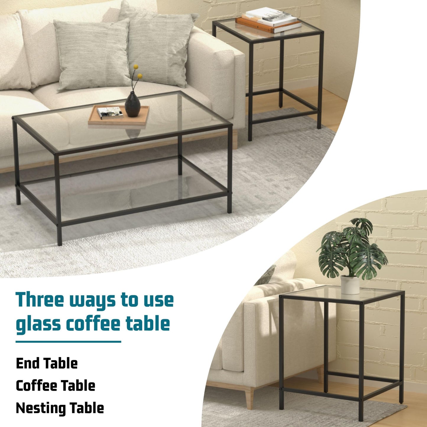 Nesting Coffee Table,Small Glass Coffee Table Set of 2,Black Modern Square Sofa Side Tea Table for Living Room,Bedroom and Small Spaces,2 Tier Tempered Glass with Sturdy Metal Frame, Easy Assembly