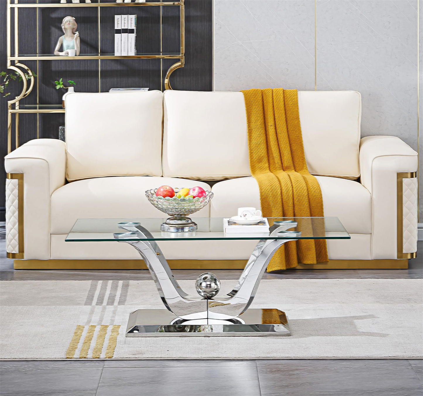 47" Glass Coffee Table, Modern Silver Cofee Table Living Room Table with Gorgeous Mirrored Stainless Steel Base,Luxury Rectangular Center Coffee Tables for Living Room,Apartment,Office