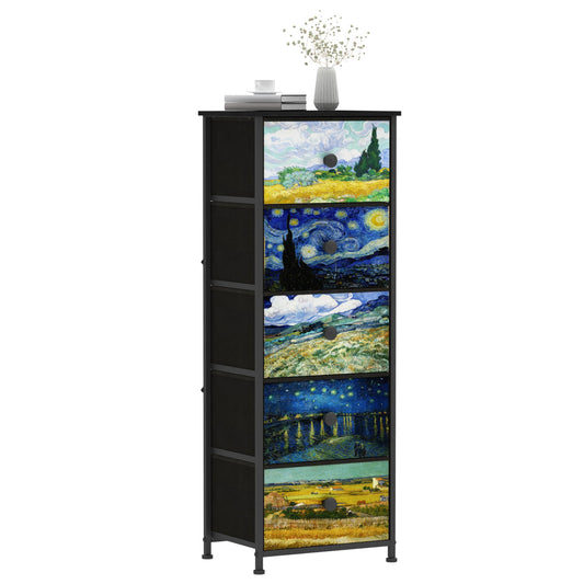 Welfuturer Dresser with 5 Drawers Narrow Tall Nightstand Van Gogh Dresser for Bedroom Fabric Drawer Organizer Unit for Living Room Entryway Hallway Closet Sturdy Steel Frame Wooden Top